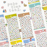 Collection of colorful sticker sheets with various designs on a white background, featuring the brand 'poko time seal'.
