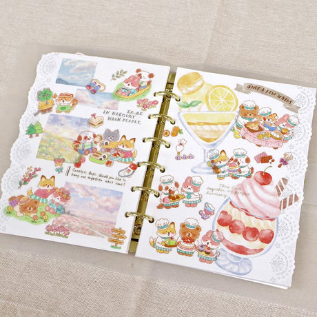 A sticker sheet that depicts the small drama of everyday life woven by a group of six good friends. The plump form and childlike humorous expression will add a healing touch just by attaching it to a notebook or card!

• This package includes 1 sheet of sticker
• Material: Transparent PET, Matte varnish
• Package measures approx. 8" x 3.5"
• Made in Japan