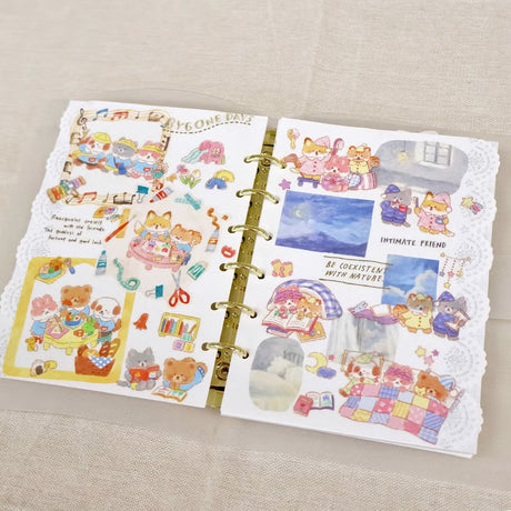 A sticker sheet that depicts the small drama of everyday life woven by a group of six good friends. The plump form and childlike humorous expression will add a healing touch just by attaching it to a notebook or card!

• This package includes 1 sheet of sticker
• Material: Transparent PET, Matte varnish
• Package measures approx. 8" x 3.5"
• Made in Japan