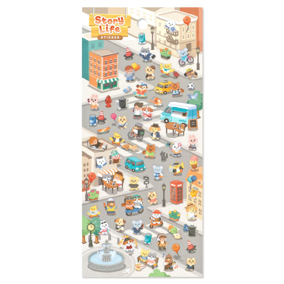 A sticker sheet that depicts the everyday life that goes on in the setting of a busy city. The plump form and childlike humorous expression will make you feel like you've stepped into the world of a game, a bright and colorful addition to your pages.