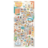 A sticker sheet that depicts the everyday life that goes on in the setting of a busy city. The plump form and childlike humorous expression will make you feel like you've stepped into the world of a game, a bright and colorful addition to your pages.