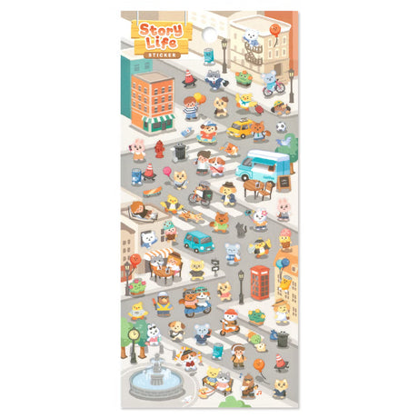 A sticker sheet that depicts the everyday life that goes on in the setting of a busy city. The plump form and childlike humorous expression will make you feel like you've stepped into the world of a game, a bright and colorful addition to your pages.
