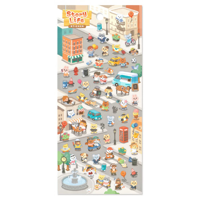 A sticker sheet that depicts the everyday life that goes on in the setting of a busy city. The plump form and childlike humorous expression will make you feel like you've stepped into the world of a game, a bright and colorful addition to your pages.