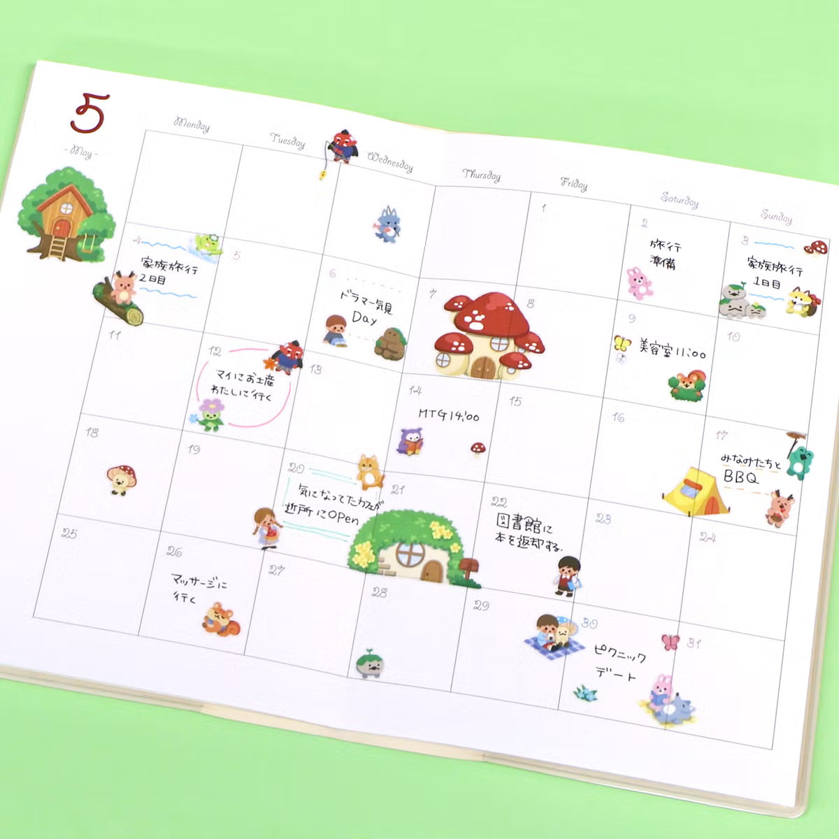A sticker sheet that depicts the activities of everyday life that goes on in the forest. The plump form and childlike humorous expression will make you feel like you've stepped into the world of a game, a bright and colorful addition to your pages.

• This package includes 1&nbsp;sheet of sticker
• Material: Transparent PET
• Package measures approx. 8" x 3.5"
• Made in Japan