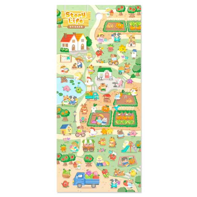 A sticker sheet that depicts the small chores of everyday life that goes on in a bustling village in the morning. The plump form and childlike humorous expression will make you feel like you've stepped into the world of a game, a bright and colorful addition to your pages.