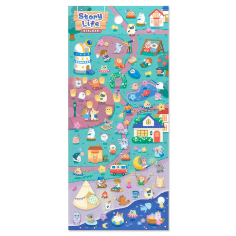A sticker sheet that depicts the small chores of everyday life that goes on in a bustling village in the evening. The plump form and childlike humorous expression will make you feel like you've stepped into the world of a game, a bright and colorful addition to your pages.

• This package includes 1&nbsp;sheet of sticker
• Material: Transparent PET
• Package measures approx. 8" x 3.5"
• Made in Japan