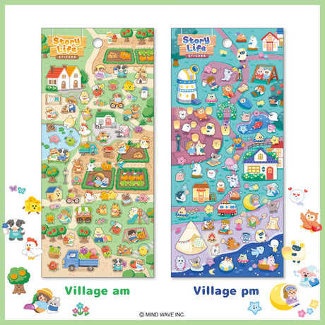 A sticker sheet that depicts the small chores of everyday life that goes on in a bustling village in the evening. The plump form and childlike humorous expression will make you feel like you've stepped into the world of a game, a bright and colorful addition to your pages.

• This package includes 1&nbsp;sheet of sticker
• Material: Transparent PET
• Package measures approx. 8" x 3.5"
• Made in Japan