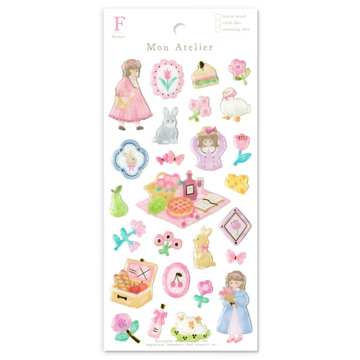 A small three-dimensional sticker is now available! This collection of Mon Atelier sticker sheets has 6 different variations to cover all your favorite things!

You can enjoy these cozy puffy stickers with gold accents anywhere. Use these stickers on your planner, cards, photo album, frames, gift wrap, stationery, scrapbook pages, calendars and more.

Includes ONE sticker sheet.
