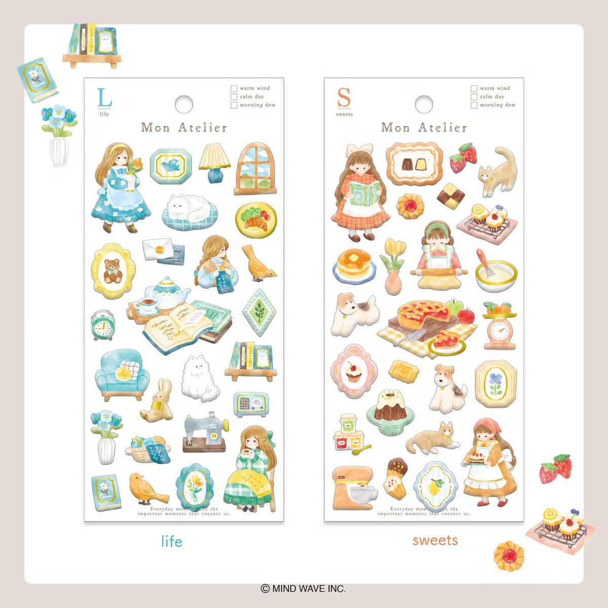 A small three-dimensional sticker is now available! This collection of Mon Atelier sticker sheets has 6 different variations to cover all your favorite things!

You can enjoy these cozy puffy stickers with gold accents anywhere. Use these stickers on your planner, cards, photo album, frames, gift wrap, stationery, scrapbook pages, calendars and more.

Includes ONE sticker sheet.
