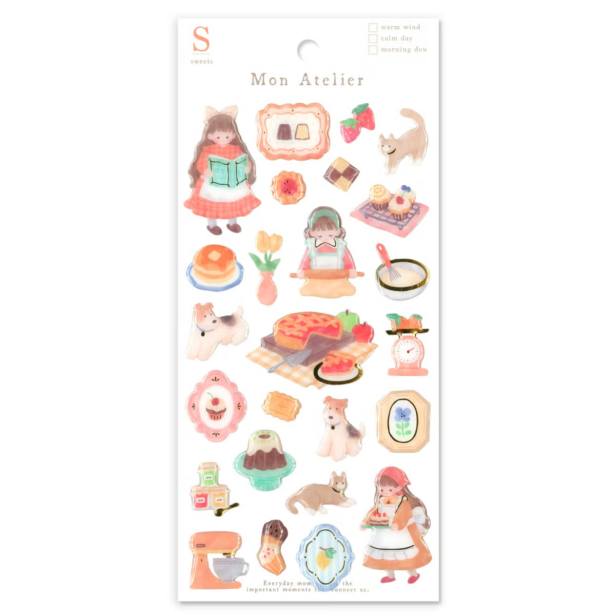A small three-dimensional sticker is now available! This collection of Mon Atelier sticker sheets has 6 different variations to cover all your favorite things!

You can enjoy these cozy puffy stickers with gold accents anywhere. Use these stickers on your planner, cards, photo album, frames, gift wrap, stationery, scrapbook pages, calendars and more.

Includes ONE sticker sheet.
