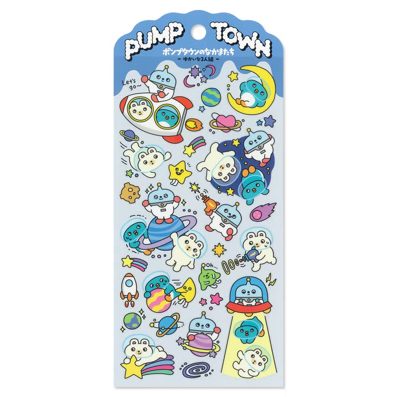 The daily lives of creatures living in the always fun 'Pump Town' are now available as stickers! Whether you're excited or lazy, it's a town where you can do anything. These stickers are perfect for journaling, scrapbooking, and marking your calendar.&nbsp;

• This package includes 1&nbsp;sheet of sticker
• Material: PET Tape
• Package measures approx. 8" x 3.5"
• Made in Japan