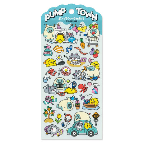 The daily lives of creatures living in the always fun 'Pump Town' are now available as stickers! Whether you're excited or lazy, it's a town where you can do anything. These stickers are perfect for journaling, scrapbooking, and marking your calendar.&nbsp;

• This package includes 1&nbsp;sheet of sticker
• Material: PET Tape
• Package measures approx. 8" x 3.5"
• Made in Japan
