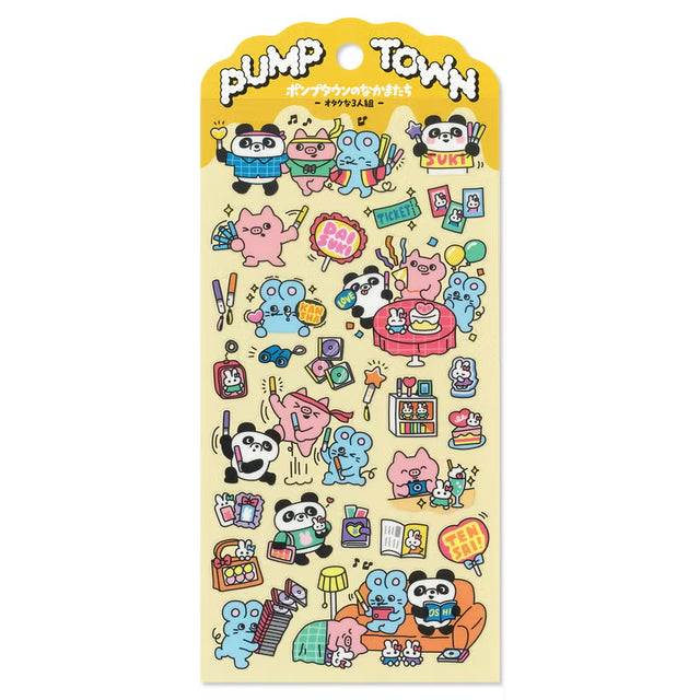The daily lives of creatures living in the always fun 'Pump Town' are now available as stickers! Whether you're excited or lazy, it's a town where you can do anything. These stickers are perfect for journaling, scrapbooking, and marking your calendar.&nbsp;

• This package includes 1&nbsp;sheet of sticker
• Material: PET Tape
• Package measures approx. 8" x 3.5"
• Made in Japan