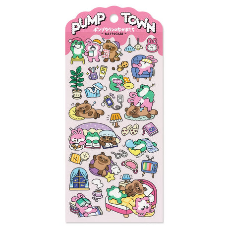 The daily lives of creatures living in the always fun 'Pump Town' are now available as stickers! Whether you're excited or lazy, it's a town where you can do anything. These stickers are perfect for journaling, scrapbooking, and marking your calendar.&nbsp;

• This package includes 1&nbsp;sheet of sticker
• Material: PET Tape
• Package measures approx. 8" x 3.5"
• Made in Japan