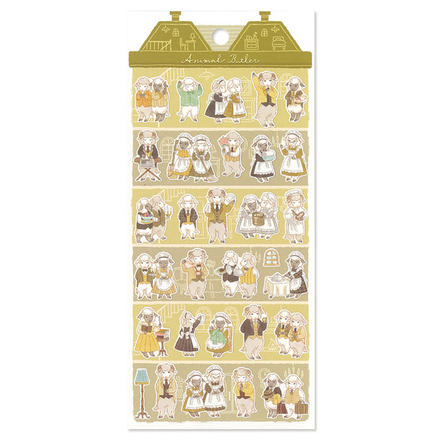 Pack of stickers with illustrated characters on a white background