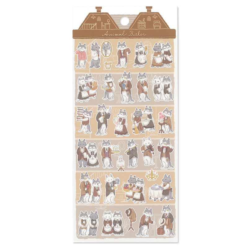 Sheet of animal stickers with a house-shaped packaging on a white background