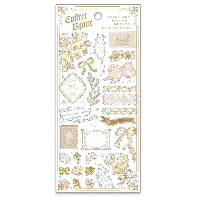 Introducing stickers that beautifully combine bead embroidery and metal parts as motifs! The watercolor-style illustrations are adorned with delicate holographic foil, creating a stunning design that's reminiscent of opening a jewelry box. Perfect not only for decorating notebooks but also as a material for card decoration.