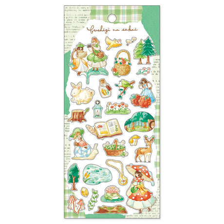 Sheet of decorative stickers with fairy tale characters and nature elements on a green and white checkered background.