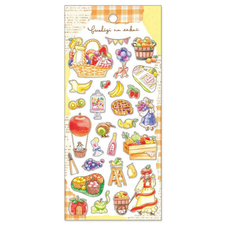 Sheet of colorful illustrated stickers featuring picnic-themed graphics on a checkered background.