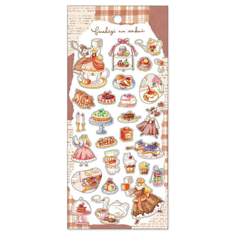 Sheet of decorative stickers with illustrations of a girl, teapots, and cakes on a plaid background.