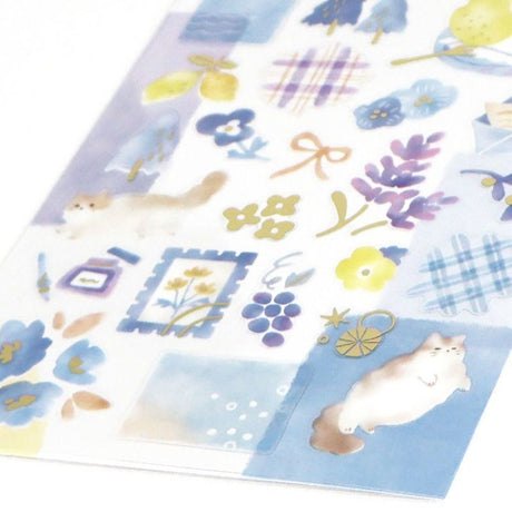 Sheet of decorative stickers with cats, flowers, and patterns on a white background