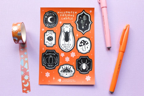 Hoja de pegatinas con etiquetas de pociones pequeñas
