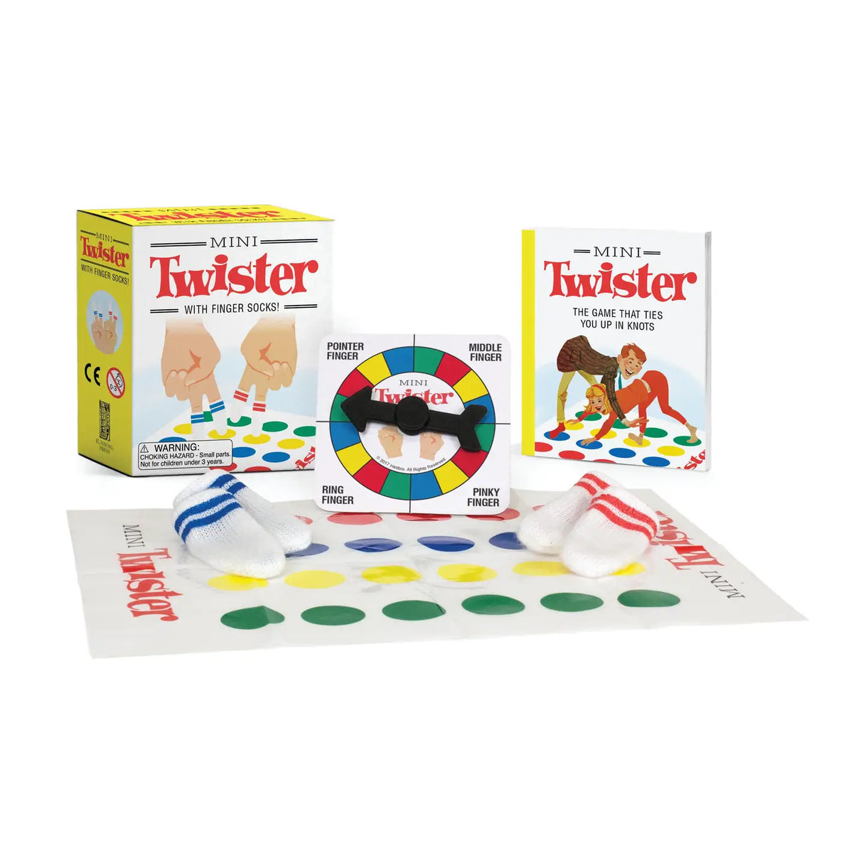 An iconic brand for more than 50 years, TWISTER is a classic game loved by fans of all ages. This officially-licensed kit offers a new mini twist on the game that ties you up in knots -- now you can play with your fingers!

Perfectly portable, this nostalgic kit can be played anywhere and includes a mini Twister mat, spinner, mini tube socks for your fingers, and a mini book with history, trivia, and the rules of MINI TWISTER.