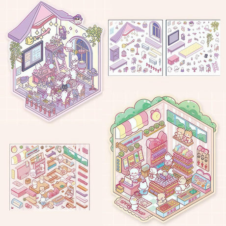 Unleash your creativity with these 3D scene stickers! Perfect for kids and adults, you can design your own miniature house scenes with six unique backgrounds and stickers. Enjoy hours of imaginative fun while enhancing creativity as you bring your dream cabin to life.&nbsp;

This set provides 12 sheets of PET stickers to decorate 6 different scene cards.