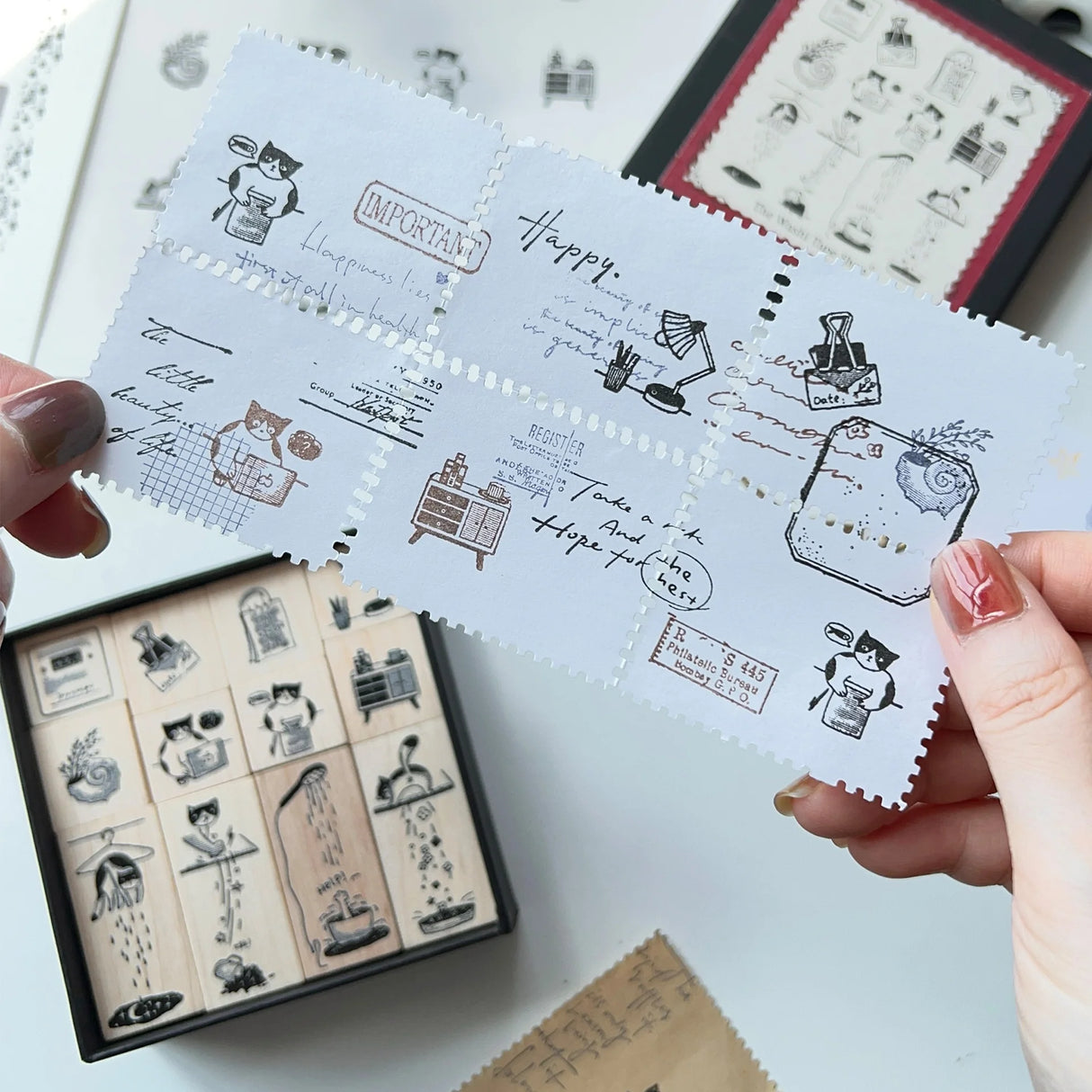 Meet the cat who makes Mondays magical. Our Mischievous Cat Stamp Set illustrates her morning routine—from coffee cup mischief to dramatic stretches and playful distractions. She’s cute, a little chaotic, and endlessly relatable. Use these stamps to decorate your spreads and give your week a lighthearted, whimsical start.

Easy to clean with ordinary alcohol wipe, alcohol gel, or special seal cleaner.

Brand: WT (The Washi Tape Shop)
Box size: 10cm × 10cm × 3.5cm
Stamp size:
22mm x 20mm x 4 pieces
22mm x 24