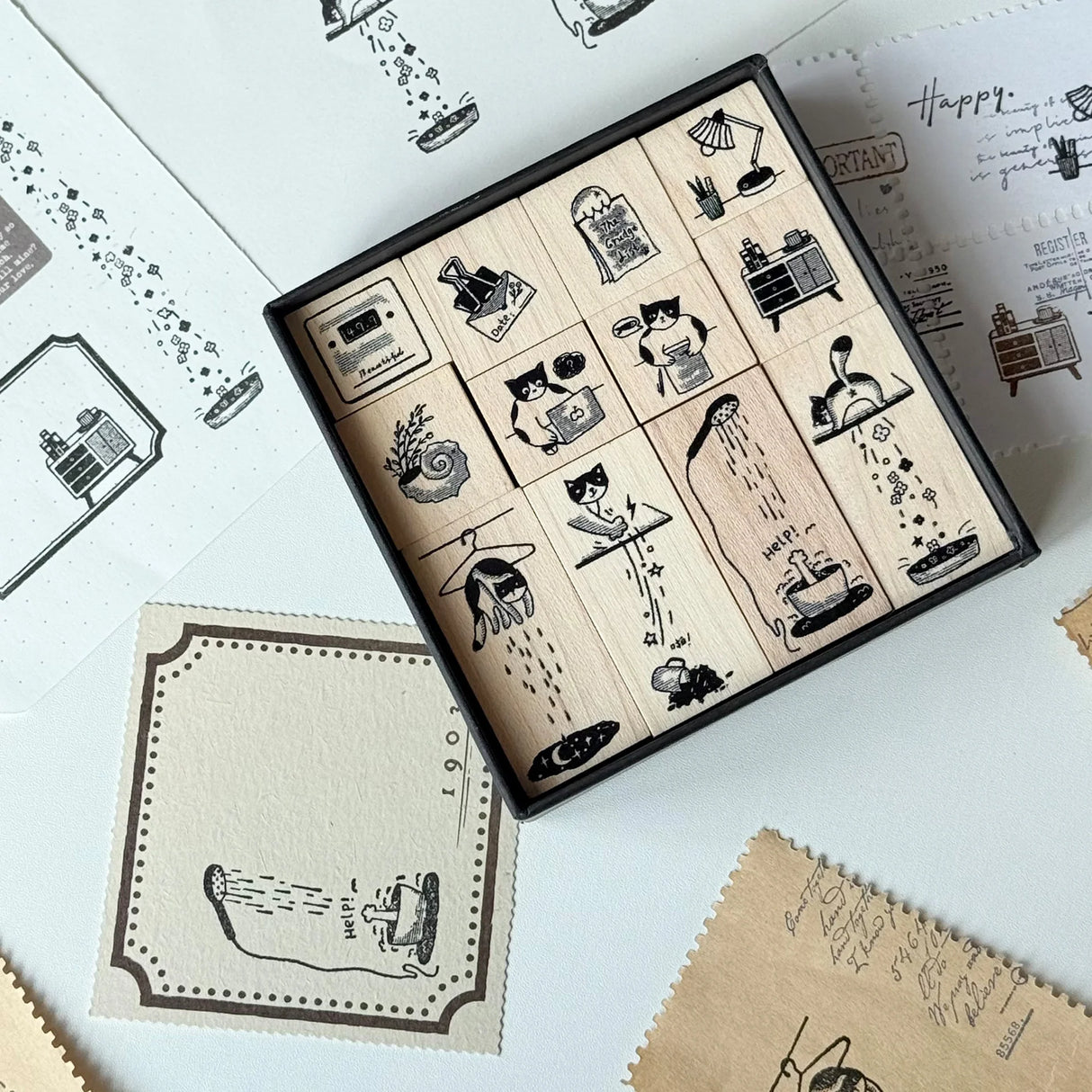 Meet the cat who makes Mondays magical. Our Mischievous Cat Stamp Set illustrates her morning routine—from coffee cup mischief to dramatic stretches and playful distractions. She’s cute, a little chaotic, and endlessly relatable. Use these stamps to decorate your spreads and give your week a lighthearted, whimsical start.

Easy to clean with ordinary alcohol wipe, alcohol gel, or special seal cleaner.

Brand: WT (The Washi Tape Shop)
Box size: 10cm × 10cm × 3.5cm
Stamp size:
22mm x 20mm x 4 pieces
22mm x 24