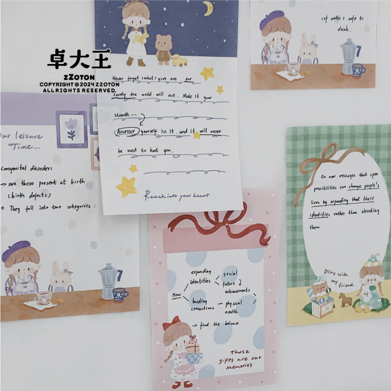 Molinta - A7 Notepad

Enjoy 50 sheets of this adorable design of stars and moonlight in a notepad! It can be personalized with hole punches to add to your binder or be pasted in your notebook to brighten up your pages.

Specifications: 80mmx120mm
Material: 100g white kraft paper
Number of pages: 50