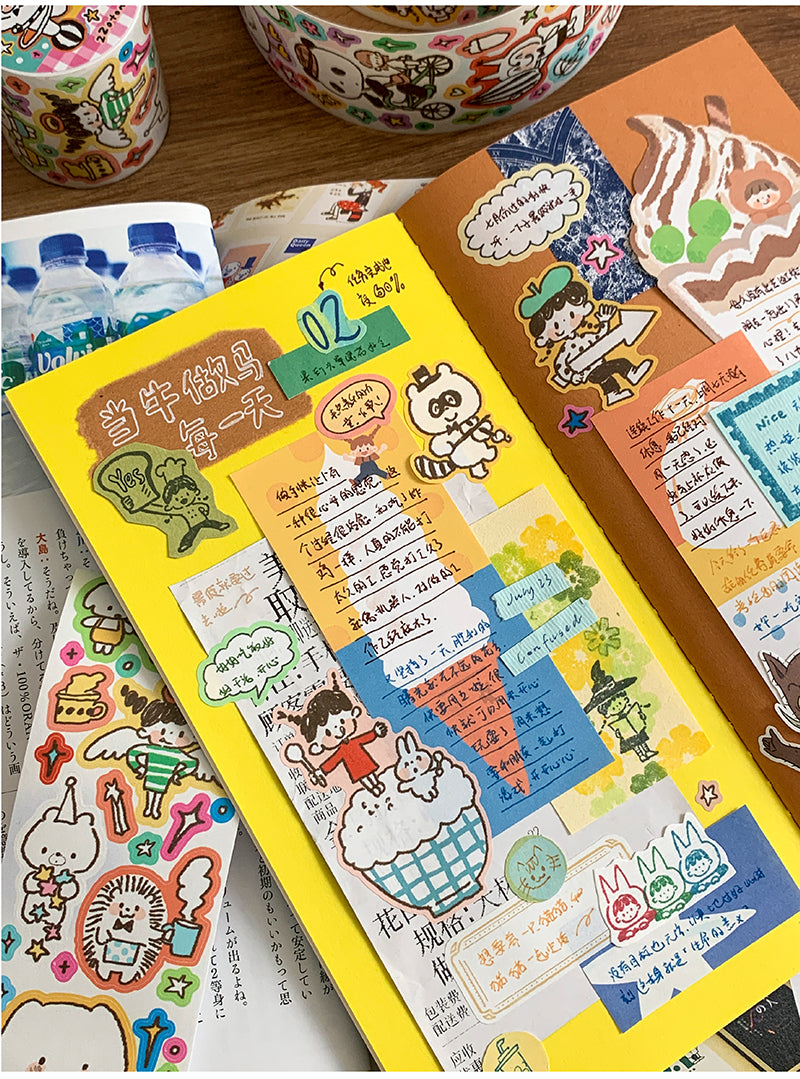 Molinta - Relax Life Sticker Roll Doodle Style Kiss Cut Washi Tape Journal Spreads Writable Paper