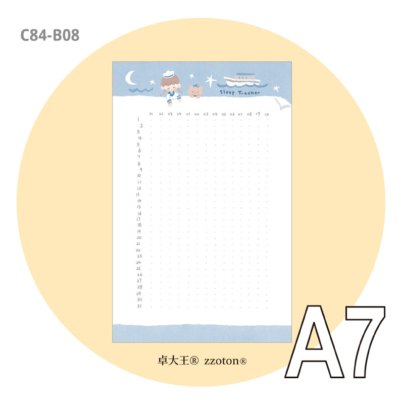 Molinta - Sailor Sleep Log A7 Memo Pad

Enjoy 20 sheets of this memo pad used to keep track of your sleep to add to your journaling experience!

Specifications: 80mmx120mm
Material: 120g white kraft paper
Number of pages: 20
Includes 1 design