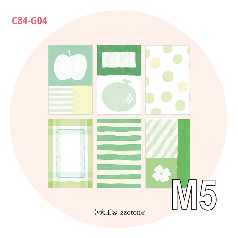 Molinta M5 Memo Sheets - Green Story

Enjoy these cute memo sheets with 6 different patterns front and back! With 4 sheets of each pattern, you get a generous stack of beautifully coordinated designs that fit effortlessly into any M5 setup.

Specifications: 67mm x 105mm
Material: 120g cotton paper

Double-sided
Number of pages: 24