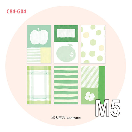 Molinta M5 Memo Sheets - Green Story

Enjoy these cute memo sheets with 6 different patterns front and back! With 4 sheets of each pattern, you get a generous stack of beautifully coordinated designs that fit effortlessly into any M5 setup.

Specifications: 67mm x 105mm
Material: 120g cotton paper

Double-sided
Number of pages: 24