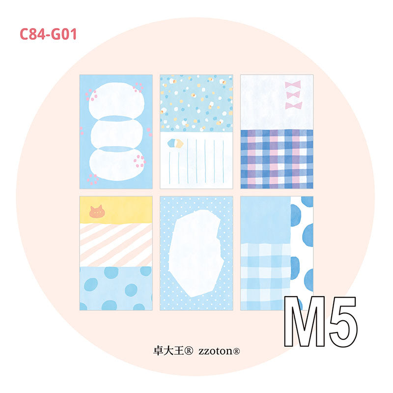 Molinta M5 Memo Sheets - Quiet Blues

Enjoy these cute memo sheets with 6 different patterns front and back! With 4 sheets of each pattern, you get a generous stack of beautifully coordinated designs that fit effortlessly into any M5 setup.

Specifications: 67mm x 105mm
Material: 120g cotton paper

Number of pages: 24