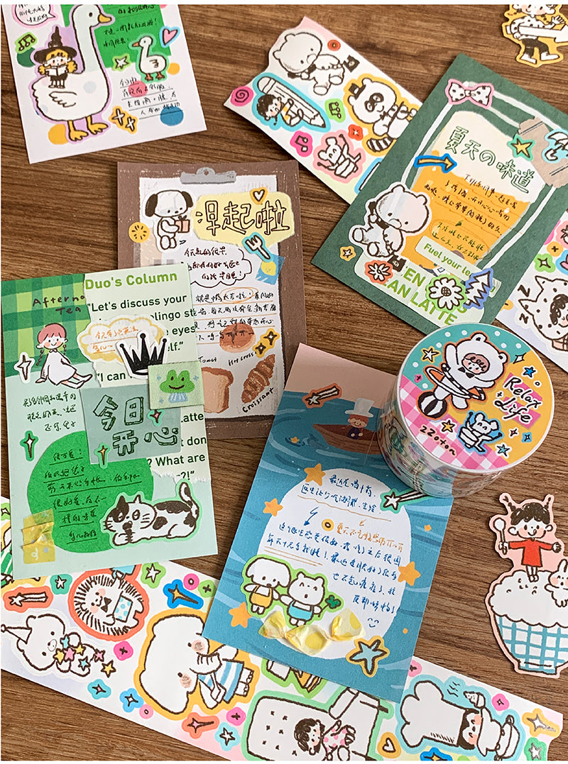 Molinta Relax Life Sticker Roll Doodle Style Kiss Cut Washi Tape Journal Spread Writable Paper Cute Kawaii Molinta Washi Sticker