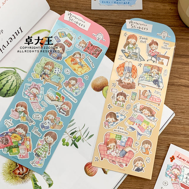 Featuring an adorable collection of relatable watercolor illustrations, this sticker sheet adds a personal, whimsical touch to planners, cards, photo albums, and creative projects. Each design is printed on durable writing paper with vibrant colors for easy decoration!
