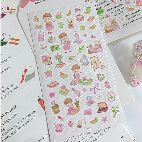 Featuring an adorable collection of melon themed illustrations, this sticker sheet adds a sweet, whimsical touch to planners, cards, photo albums, and creative projects. Each design is printed on durable paper with vibrant colors for easy decoration!
