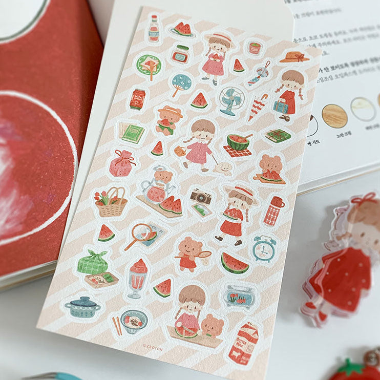 Featuring an adorable collection of watermelon themed illustrations, this sticker sheet adds a sweet, whimsical touch to planners, cards, photo albums, and creative projects. Each design is printed on durable paper with vibrant colors for easy decoration!