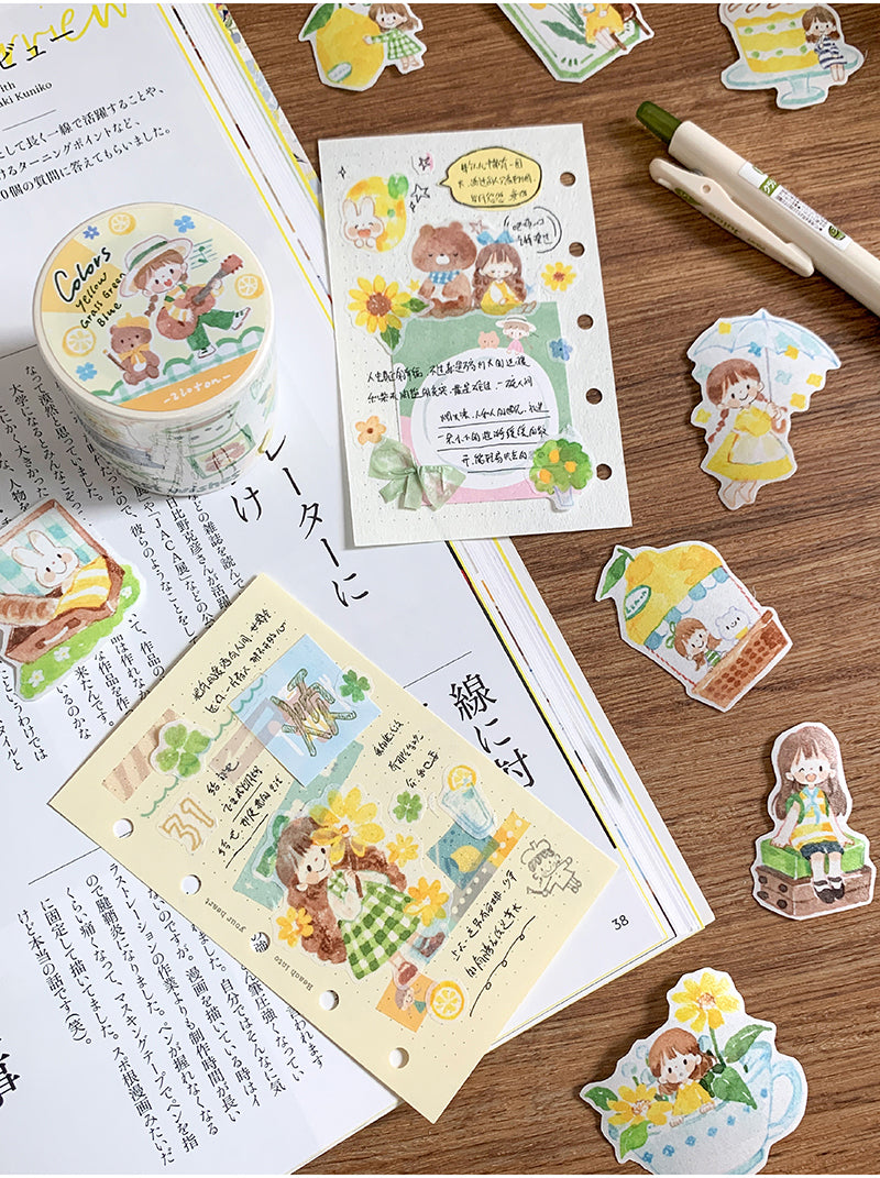 Molinta Yellow, Grass Green, and Blue Washi Tapes zzoton Journaling Spreads kiss cut washi Tapes planner