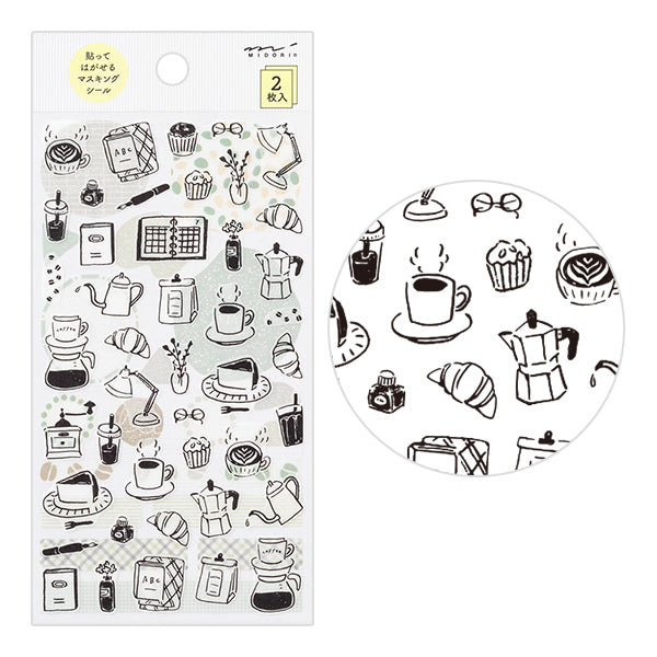 The "Monotone Cafe Pattern" also includes motifs such as coffee, fountain pens, and ink.



A wide variety of sticker designs to use with your notebook

These peel-and-stick washi stickers will make your daily records more fun. Simply stick them freely on the margins of your notebook to create a gorgeous page. &nbsp;It comes in a pack of 2 sheets, a small size that is perfect for&nbsp;monthly blocks and a large size that is convenient for filling in the blanks.