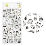 The "Monotone Cafe Pattern" also includes motifs such as coffee, fountain pens, and ink.



A wide variety of sticker designs to use with your notebook

These peel-and-stick washi stickers will make your daily records more fun. Simply stick them freely on the margins of your notebook to create a gorgeous page. &nbsp;It comes in a pack of 2 sheets, a small size that is perfect for&nbsp;monthly blocks and a large size that is convenient for filling in the blanks.