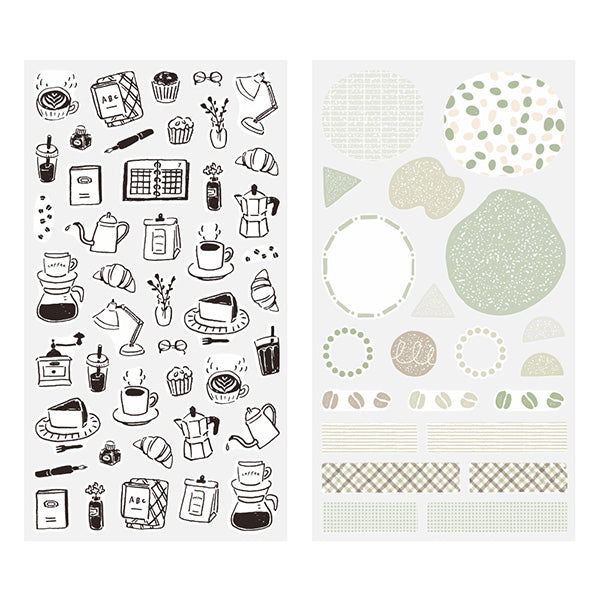 The "Monotone Cafe Pattern" also includes motifs such as coffee, fountain pens, and ink.



A wide variety of sticker designs to use with your notebook

These peel-and-stick washi stickers will make your daily records more fun. Simply stick them freely on the margins of your notebook to create a gorgeous page. &nbsp;It comes in a pack of 2 sheets, a small size that is perfect for&nbsp;monthly blocks and a large size that is convenient for filling in the blanks.