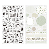 The "Monotone Cafe Pattern" also includes motifs such as coffee, fountain pens, and ink.



A wide variety of sticker designs to use with your notebook

These peel-and-stick washi stickers will make your daily records more fun. Simply stick them freely on the margins of your notebook to create a gorgeous page. &nbsp;It comes in a pack of 2 sheets, a small size that is perfect for&nbsp;monthly blocks and a large size that is convenient for filling in the blanks.
