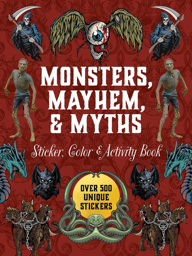 Explore the dark and macabre world of mythology and monsters with 500+ stickers, 50+ activity pages, puzzles, and trivia. 

With the Monsters, Mayhem, and Myths Sticker, Color & Activity Book, you can express both your creative and dark side with:

Exquisitely illustrated stickers: Use them to decorate envelopes, gift wrap, letters, scrapbooks, journals, or photo albums. On the backs of the sticker pages are quotes about various monsters and myths.
Creepy coloring pages, featuring line-drawn images of all k