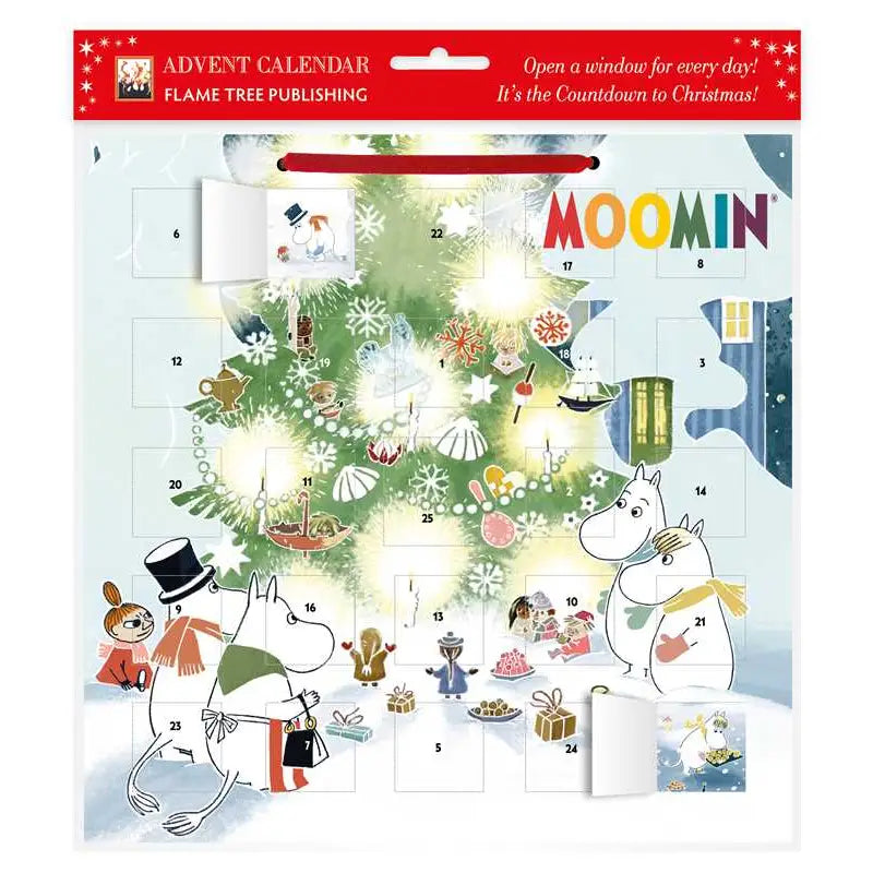 In every window, a delightful sticker of a Moomin character or object. A fine new art advent calendar from Flame Tree.

Enjoy the countdown to Christmas! Open a numbered window every day in December until the big day and reveal a seasonal image to help you get in the festive spirit! Featuring a delightful snowy Moomin scene, each window reveals an image from Tove Jansson's beloved Moomin world. Printed on FSC-certified paper.