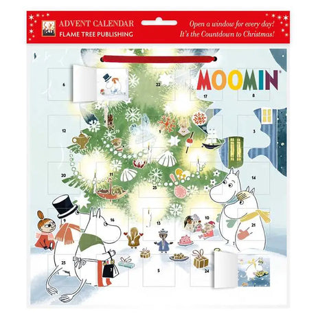 In every window, a delightful sticker of a Moomin character or object. A fine new art advent calendar from Flame Tree.

Enjoy the countdown to Christmas! Open a numbered window every day in December until the big day and reveal a seasonal image to help you get in the festive spirit! Featuring a delightful snowy Moomin scene, each window reveals an image from Tove Jansson's beloved Moomin world. Printed on FSC-certified paper.