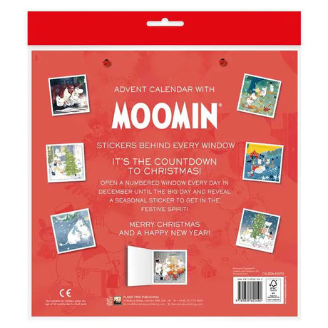 In every window, a delightful sticker of a Moomin character or object. A fine new art advent calendar from Flame Tree.

Enjoy the countdown to Christmas! Open a numbered window every day in December until the big day and reveal a seasonal image to help you get in the festive spirit! Featuring a delightful snowy Moomin scene, each window reveals an image from Tove Jansson's beloved Moomin world. Printed on FSC-certified paper.