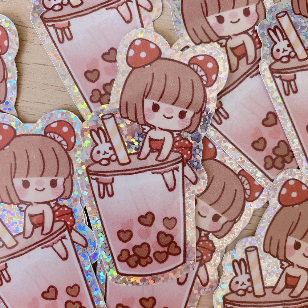 Mushroom Girl x Bubble Tea die-cut sticker
